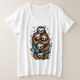 Camiseta Plus Size Fofa Família de Preguiças Empilhadas – Desenho Eng