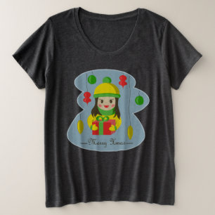Camiseta Plus Size Garota com caixa de presentes de Natal