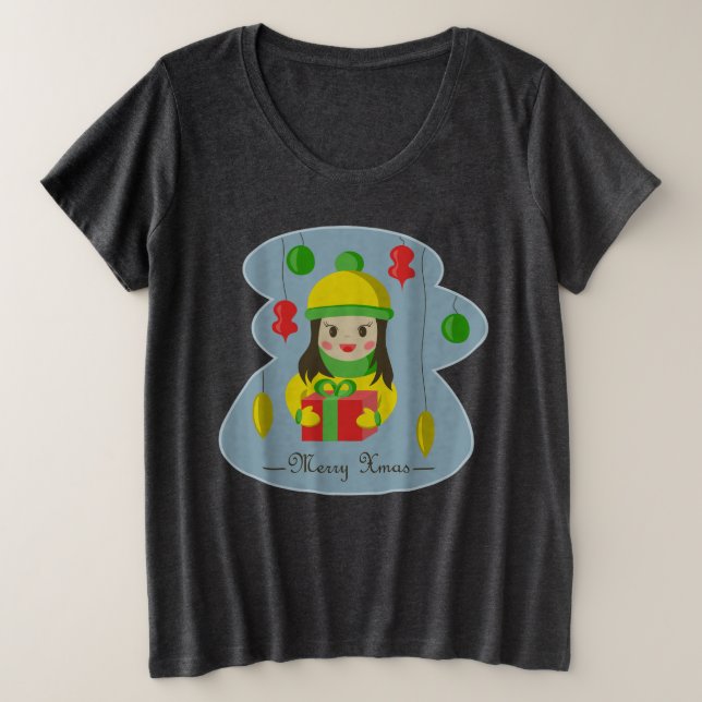 Camiseta Plus Size Garota com caixa de presentes de Natal (Frente do Design)
