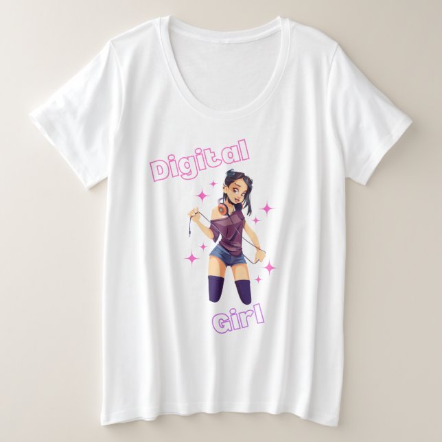 Camiseta Plus Size garota digital com estrelas (Frente do Design)