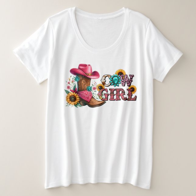 Camiseta Plus Size Garota-Vaca com botas e flores (Frente do Design)