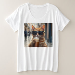 Camiseta Plus Size Gato Bebendo Café Em Uma Rua