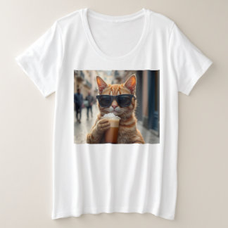 Camiseta Plus Size Gato Bebendo Café Em Uma Rua