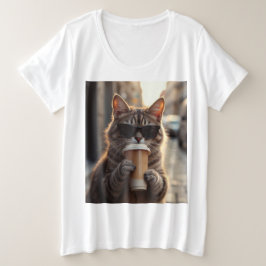 Camiseta Plus Size Gato Bebendo Café Em Uma Rua