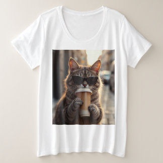 Camiseta Plus Size Gato Bebendo Café Em Uma Rua