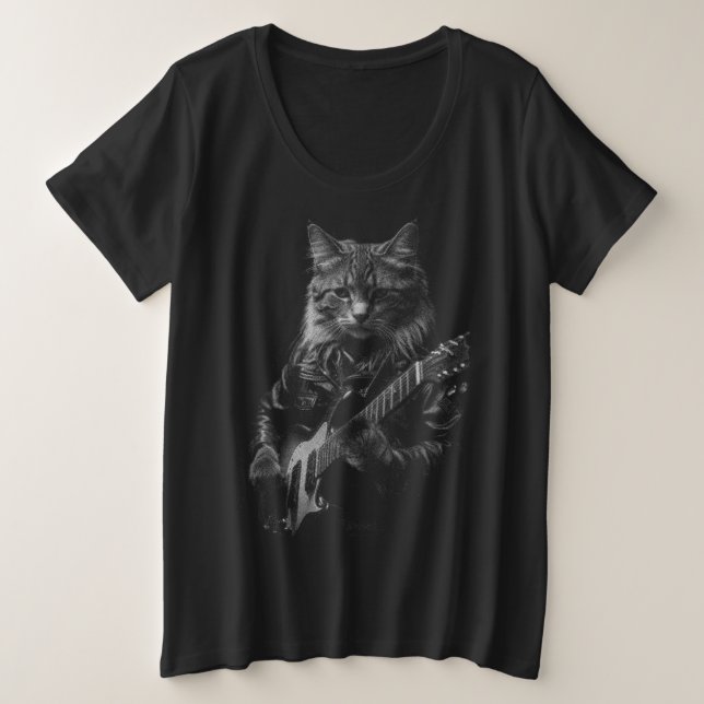 Camiseta Plus Size Gato com Jaqueta de couro tocando violão elétrico (Frente do Design)