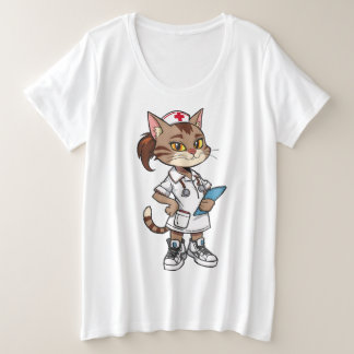 Camiseta Plus Size Gato de Enfermeira Confiante - Estilo de Animação