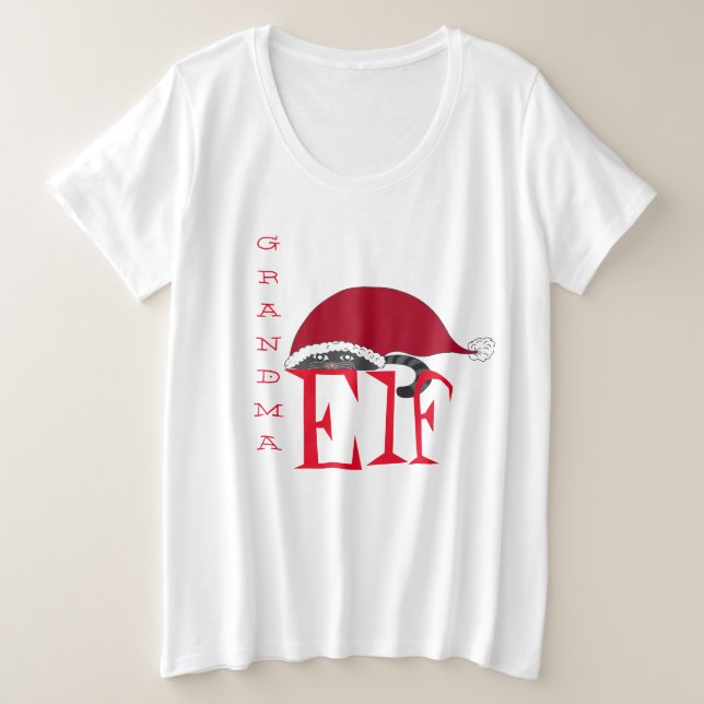 Camiseta Plus Size Gato de Natal de Férias da Vovó Elf (Frente do Design)