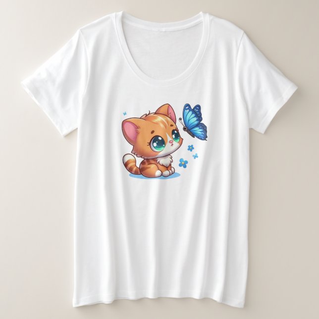 Camiseta Plus Size Gato/gato e borboleta lindos (Frente do Design)