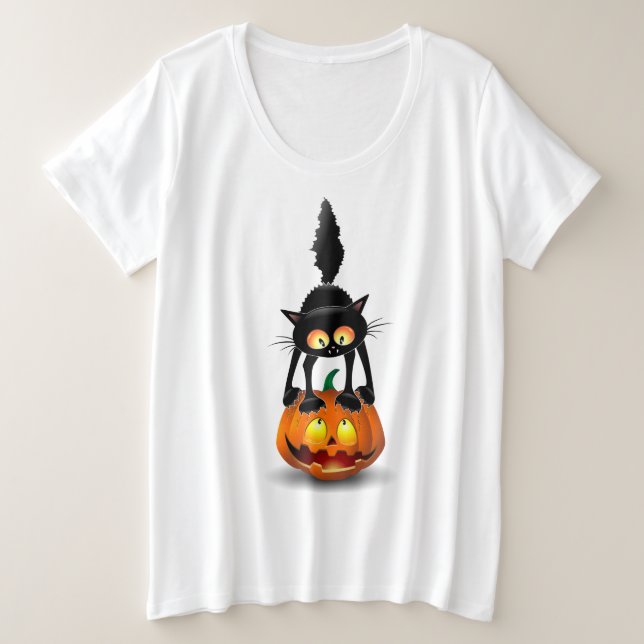 Camiseta Plus Size Gato Halloween Caricatura Assustada na Pumpkin (Frente do Design)