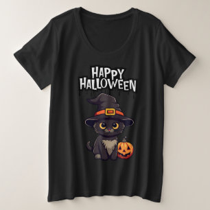 Camiseta Plus Size Gato Negro Assustador Bonito Com Pumpkin Jack O La