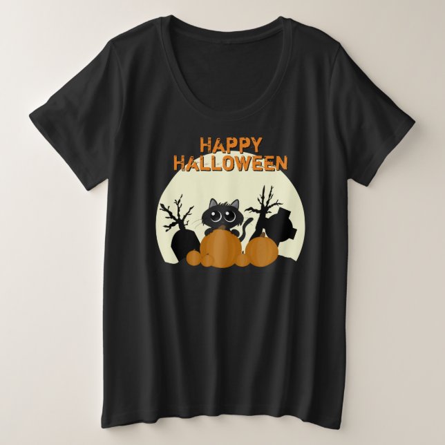 Camiseta Plus Size Gato Negro Bonito de Halloween Spooky (Frente do Design)