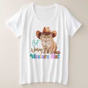 Camiseta Plus Size Gato Vestindo Chapéu Ocidental- 85246