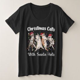 Camiseta Plus Size Gatos de Natal com Chapéus de Papai Noel Fofos e D