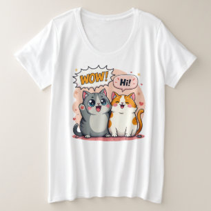 Camiseta Plus Size Gatos Kawaii Fofos Quadrinhos Dizendo Wow e Olá Pl