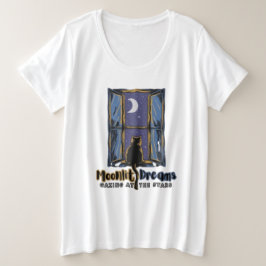Camiseta Plus Size Gaze Celestial: Gato Negro e Lua Crescente