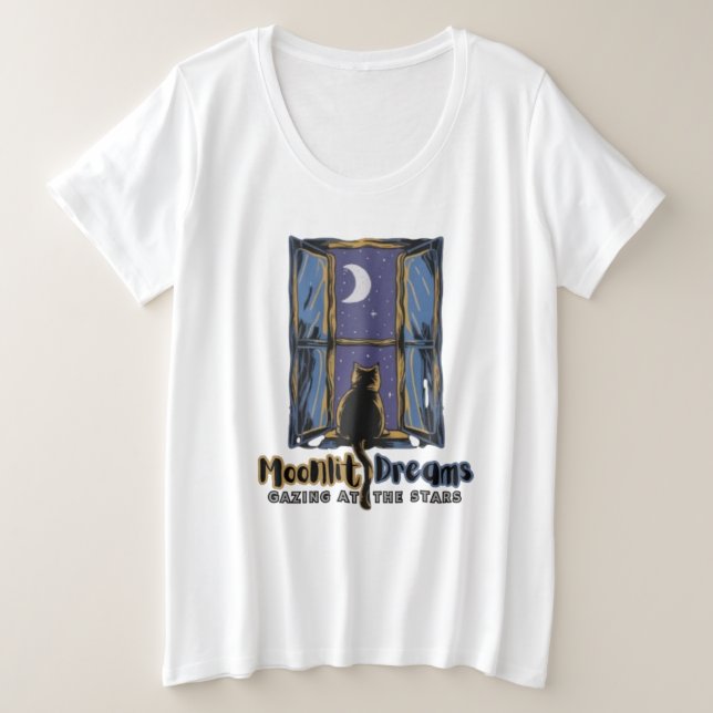 Camiseta Plus Size Gaze Celestial: Gato Negro e Lua Crescente (Frente do Design)
