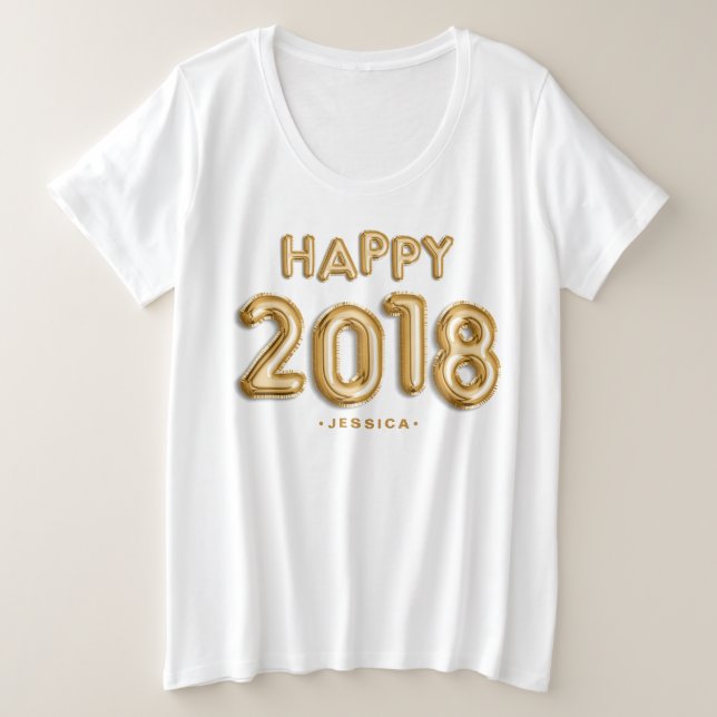 Camiseta Plus Size Gold Foil Balloons Happy 2018 Personalizado (Frente do Design)