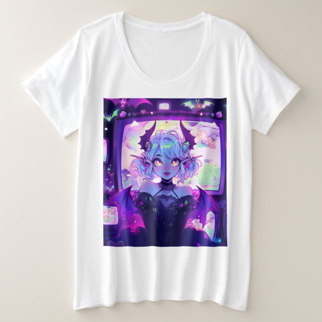 Camiseta Plus Size Gótica Cyberpunk Demon Fantasy Anime Girl (Frente do Design)