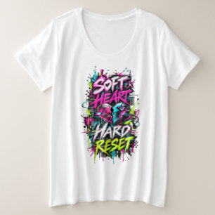 Camiseta Plus Size Grafite Neon Glitch com Reset Difícil e Coração Ma