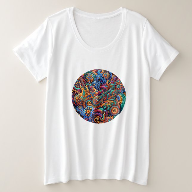 Camiseta Plus Size Guitarras no estilo mandala batik (Frente do Design)
