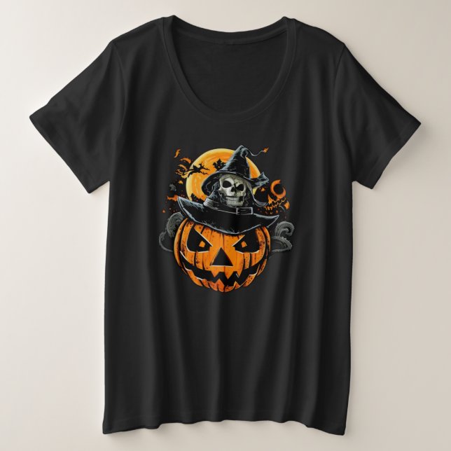 Camiseta Plus Size Halloween/abóbora/crânio/queda (Frente do Design)