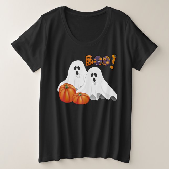 Camiseta Plus Size Halloween BOO / Fantasmas de Feriado (Frente do Design)