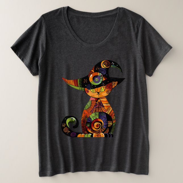 Camiseta Plus Size Halloween/místico/gato/queda (Frente do Design)