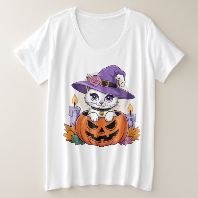 Camiseta Plus Size Halloween Night Cat (Frente do Design)