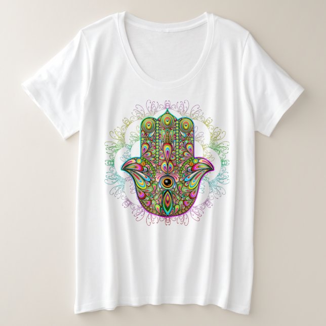 Camiseta Plus Size Hamsa Fatma Mão Arte Psicodélica (Frente do Design)