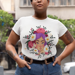 Camiseta Plus Size Headdress Floral Design Em Uma Cor Do Cabelo Da La