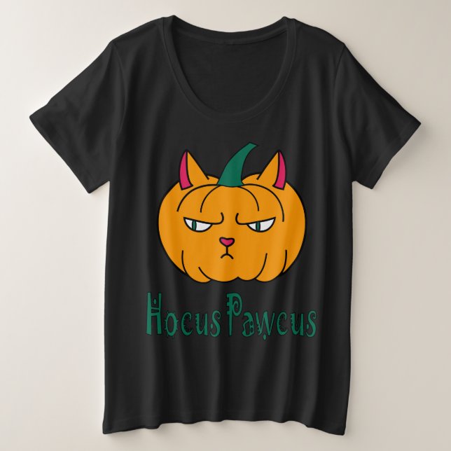 Camiseta Plus Size Hocus pawcus Halloween abóbora gengibre magia (Frente do Design)