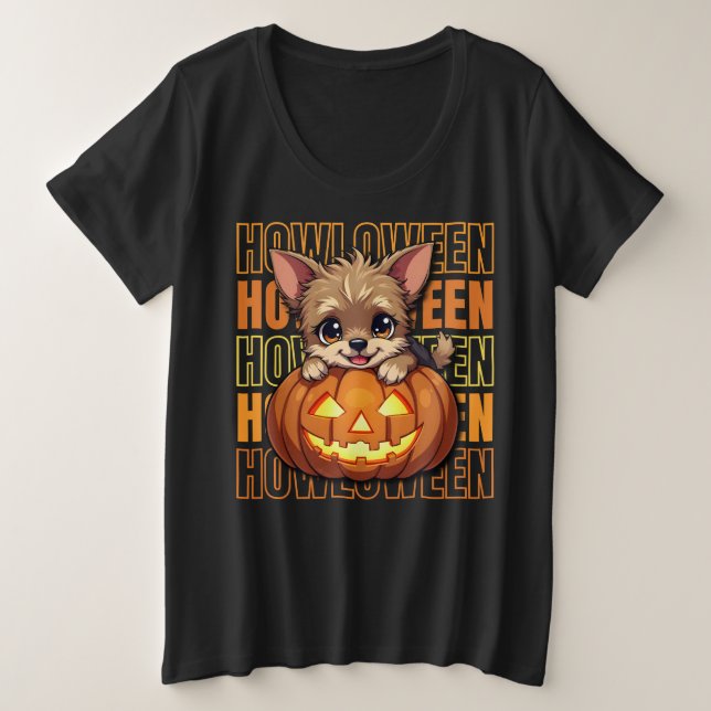 Camiseta Plus Size HOWLOWEEN - Yorkie abre Halloween (Frente do Design)