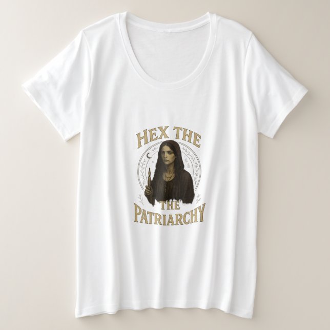 Camiseta Plus Size Ilustração de Bruxa Wiccan – Hexe o Patriarcado (Frente do Design)