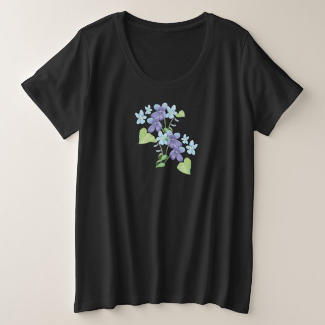 Camiseta Plus Size Ilustração de Flores de Violeta Selvagem (Frente do Design)