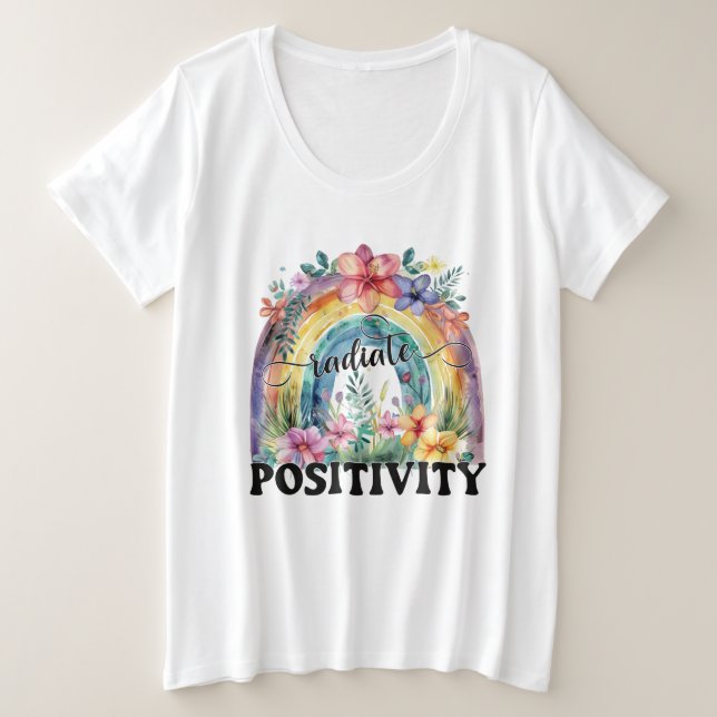 Camiseta Plus Size Inspiração radia positividade arco-íris de palavra (Frente do Design)