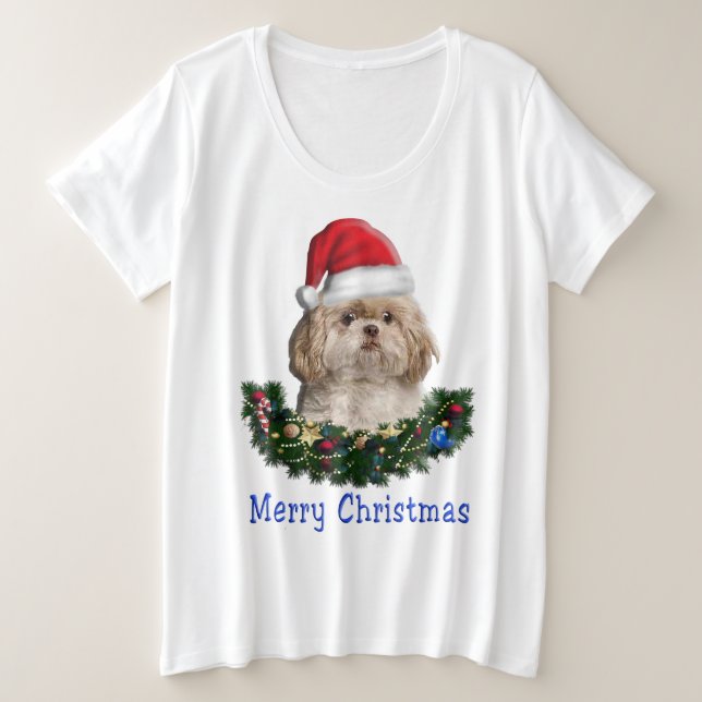 Camiseta Plus Size Itens de Natal do Shih-Tsu Dog (Frente do Design)