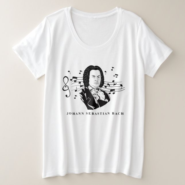 Camiseta Plus Size Johann Sebastian Bach Portrait e Bust com Notes (Frente do Design)