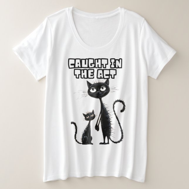 Camiseta Plus Size Kitten Preto e Pequeno Companheiro no Estilo de Ca (Frente do Design)