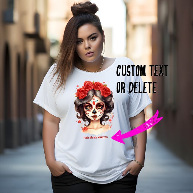 Camiseta Plus Size La Calavera Catrina 💀 en Flores Rojas 🌹 (Exquisite La Catrina Lady for Dia de Muertos with customizable text, plus size woman t-shirt)