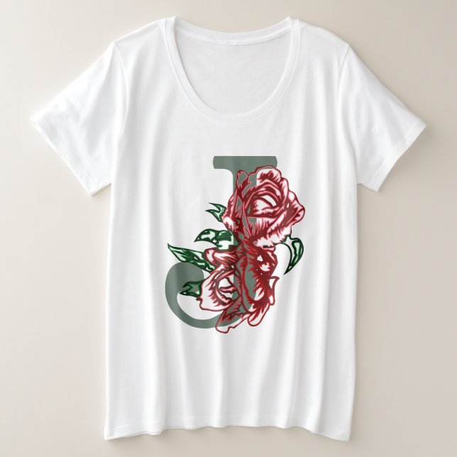 Camiseta Plus Size Letra maiúscula J monograma floral (Frente do Design)
