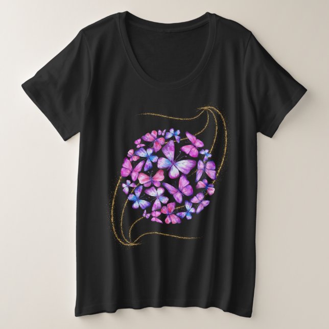 Camiseta Plus Size Lindas Borboletas de Aquarela com Bling Dourado (Frente do Design)