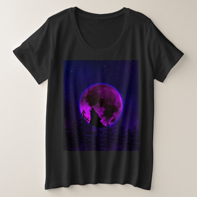 CAMISETA PLUS SIZE LOBO UIVANDO LUA MAGENTA   (Frente do Design)