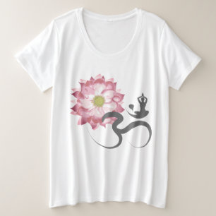 Camiseta Plus Size Lótus Rosa Flor Yoga E Caligrafia Castanha Om Aum