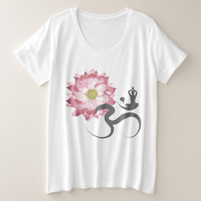 Camiseta Plus Size Lótus Rosa Flor Yoga & Zen Calliografia Om Aum (Frente do Design)