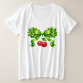 Camiseta Plus Size Lucky Clover Bow with Cherries Green Design