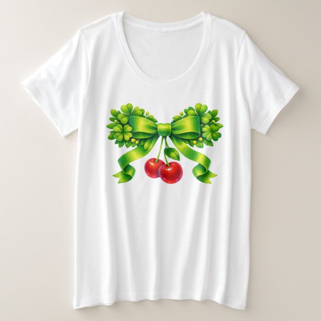 Camiseta Plus Size Lucky Clover Bow with Cherries Green Design (Frente do Design)
