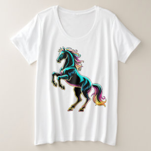 Camiseta Plus Size Luz Neon de Cavalo Glitch Estilo Retro