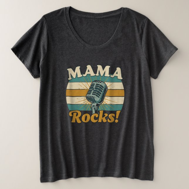 Camiseta Plus Size Mamãe Segura o Microfone Retro Dia das Mães (Frente do Design)