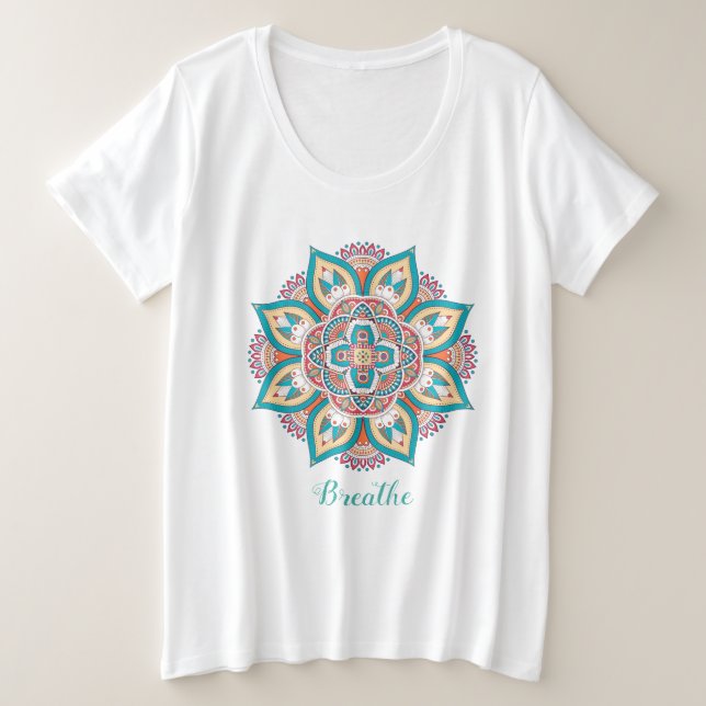 Camiseta Plus Size Mandala da Nova Idade respira atenção (Frente do Design)
